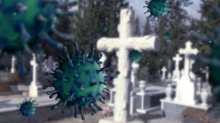 3D illustration. variant virus and tumbs in a cemetery with headstone in Spain. A spanish rural...