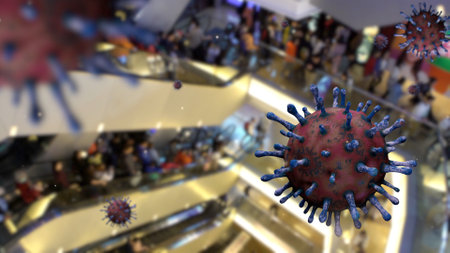 3D illustration variant floating over people wearing face mask inside a mall. Mechanical stair in...