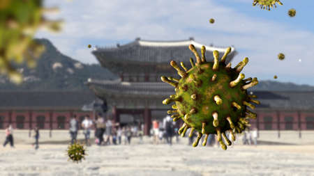 3D illustration variant virus floating over tourits visit South Korea palace. The entrance of Gyeongbokgung during pandemic flu virus infection concept.の写真素材