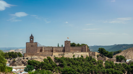 View of the Alcazaba of Antequera is a Moorish fortress in Spain. Castle medieval in Malaga. Arab...