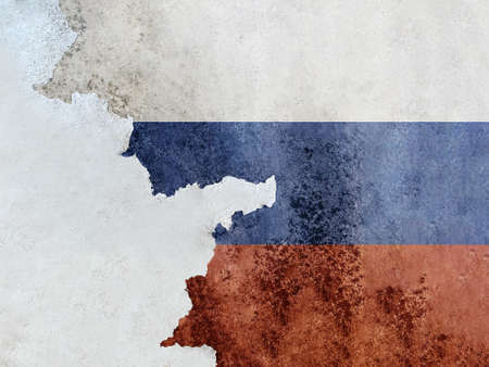 Flag of Russia on cracked cement of old damaged wall texture, background. Russian banner with a long...