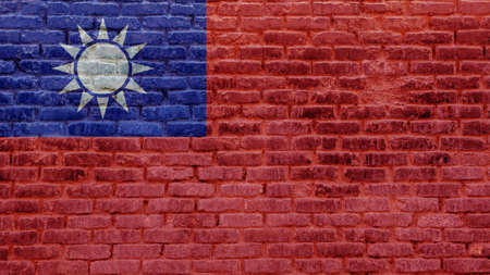 Flag of Taiwan on brick wall background on town street. Exterior old stone bricks texture with...