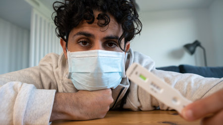 A sad man wearing mask holding a positive sample of the  antigen diagnostic test device at home.