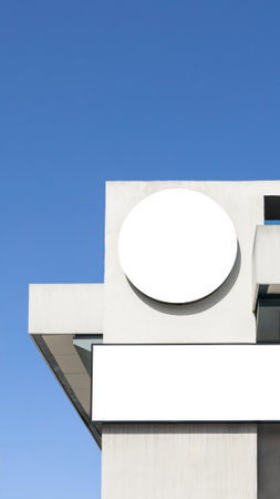 Blank circle sign mockup in the urban environment, on the facade, empty space to display your store sign or logo. Modern panel on the street. Mock-up on white background for design of advertisementsの写真素材