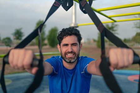 Portrait of confident young man doing fitness exercises on a special hanging device. Fitness male...