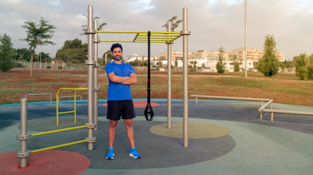 Portrait of confident caucasian man exercising outside in sunny park. Great TRX workout. Young...