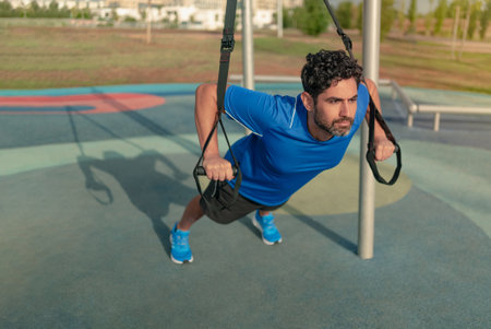 Young man doing fitness exercises on a special hanging device. Fitness male guy doing exercising...