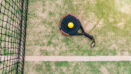 Top view of yellow ball over padel tennis racket behind net in green court outdoors with natural...
