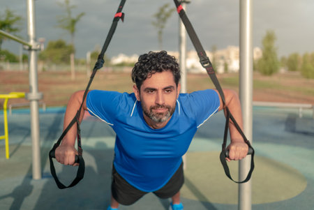 Caucasian man during workout with suspension on the street. Young active guy does suspension...