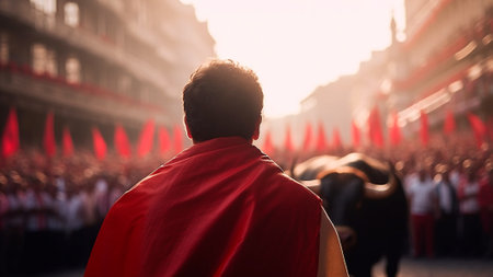 A man with red cape, looking at a majestic bull during San FermÃ­n in the streets of Pamplona. Man stands front big bull, with unwavering determination studies every detail of creature. Generative AIの素材