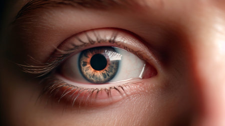 Macro view of the dilated pupil, draws you in with its mysterious depth, evoking a sense of wonder and fascination, beautiful eyes. Generative AIの素材