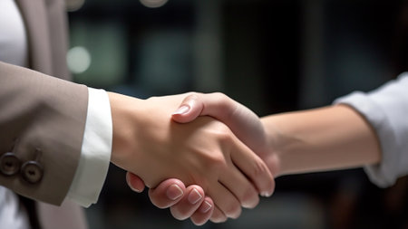 The confident businesswoman and the professional man exchange handshakes, symbolizing a shared commitment to collaboration and growth at office. Generative AIの素材