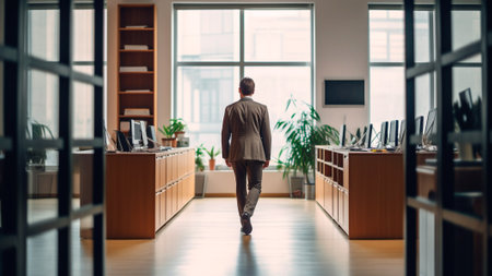 With a sense of fulfillment, a businessman walks through the contemporary office, leaving behind a trail of productivity. The stylish decor of the workspace. Generative AIの素材