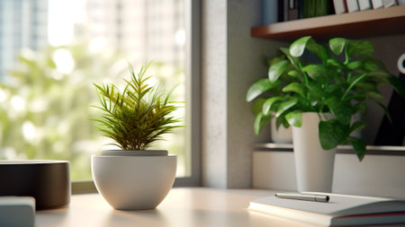 With the sunlight filtering through the window an office desk with elegant green plants. The combination of natural light creates an ideal setting for productivity and inspiration. Generative AIの素材