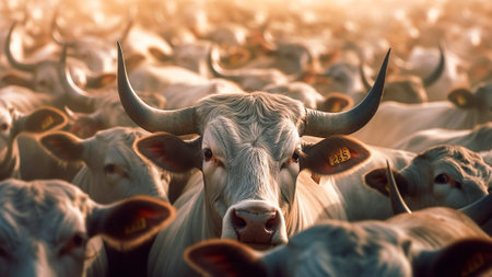 Rows upon rows of beef cattle fill the industrial farming facilities, their sturdy bodies packed tightly together, productivity of modern livestock farming. Generative AIの素材
