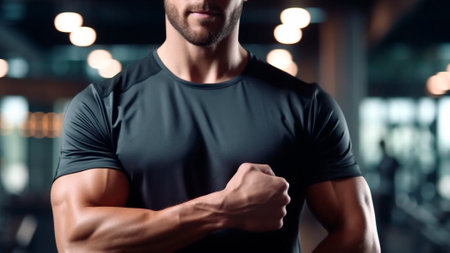 Handsome muscular man in fitness outfit on gym background. Motivation, coaching and health, people training in sports center for cardio, exercise and wellness. Generative AIの素材