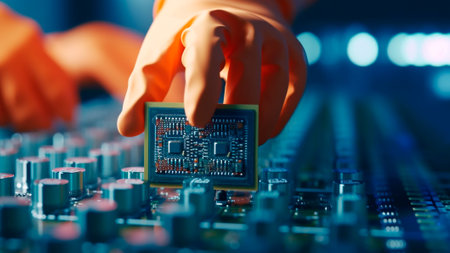 In the factory, hands with orange gloves methodically work to install and connect various parts onto the motherboard, creating the foundation of a powerful computer. Generative AIの素材