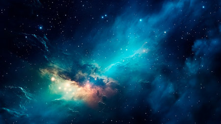 A celestial panorama of the galaxy on night sky with a twinkling stars, forming blue constellations. Wonders of the cosmos and universe.Generative AIの素材