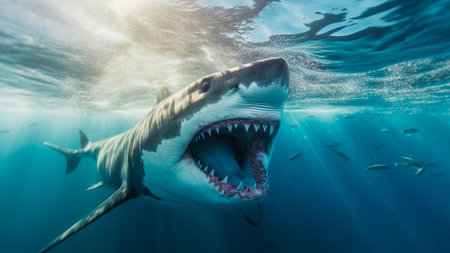 A threatening great white shark prowls the depths, its cold, piercing eyes and rows of razor sharp teeth a chilling testament to the perilous nature of shark encounters. Generative AIの素材