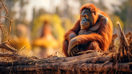 Amidst the desolation caused by deforestation, a melancholic orangutan finds respite on a felled tree, its presence a poignant symbol of the urgent need to protect our forests. Generative AIの素材