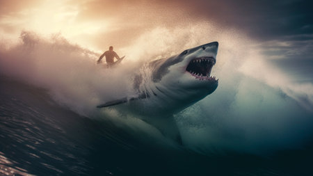 Amidst the crashing waves, a terrifying great white shark attacks to a lone surfer, its eyes fixed on its prey, a chilling reminder of the threat of shark attacks along the shores. Generative AIの素材