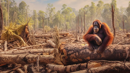 In the wake of deforestation, an orangutan sits in solitude on a remnant tree, its somber gaze reflecting the profound loss and environmental crisis caused by palm oil production. Generative AIの素材