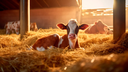 In the golden glow of the setting sun, a charming calf calf is lying calmly on the straw in the stable on the farm. Generative AIの素材