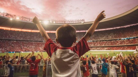 A fervent boy football aficionado experiences unbridled joy as he celebrates team victory from the stands, children arms raised high in euphoria, showcasing the powerful emotion of game. Generative AIの素材