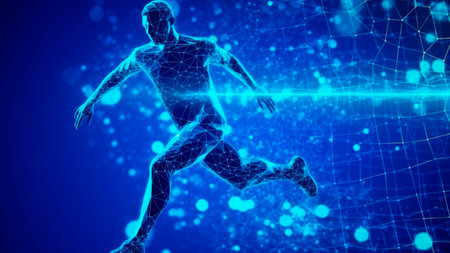 Depicting an abstract silhouette soccer player swift and agile movements over blue background with empty copy space for text, representing the excitement and skill of sport. Generative AIの素材