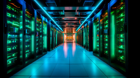 Immense green supercomputing power room a gigantic server array that stretches, controlling and managing the vastness of the internet. Generative AIの素材