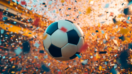 The soccer ball triumphantly on the field of the stadium, skillfully dodging falling confetti on the grand stage of the stadium, Champions League. Generative AIの素材