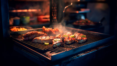 A sizzling 4th of July BBQ feast awaits, with juicy, char-grilled meats and an array of flavorful BBQ sauces. Generative AIの素材