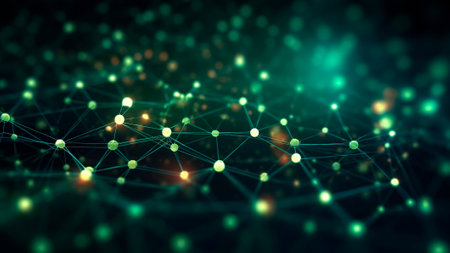 Backdrop adorned with a green network of intricate connections, serving as a visual reminder of the countless relationships and interactions that drive our interconnected world. Generative AIの素材