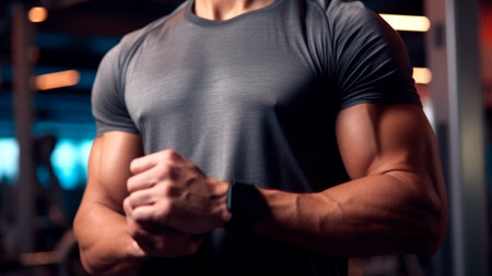 A strong athlete caucasian man person exercising in the sport gym, workout exercise training in modern fitness for body muscle, heavy bodybuilding and healthy lifestyle people. Generative AIの素材