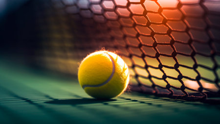 Yellow ball on floor behind paddle net in court outdoors with beautiful sunset light. Padel tennis is a racquet game. Professional sports concept. Generative AIの素材