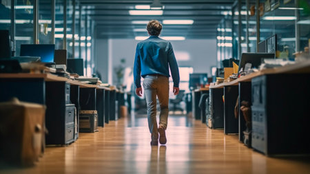 As the workday comes to a close, a businessman walks through the modern office. The sleek design of the workspace reflects the innovative spirit that drives him forward. Generative AIの素材