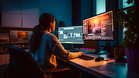 With the sleek surroundings of a modern office at night, a woman sits with concentration, fully engaged in her work on the computer. Organized workspace and focused attitude. Generative AIの素材