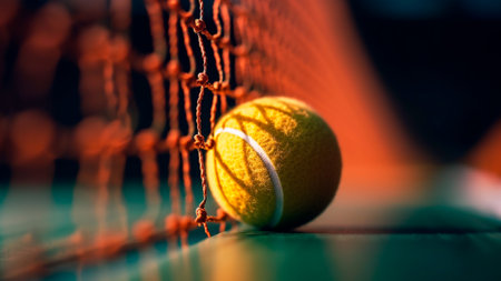 A yellow ball rests on the floor just behind the paddle tennis net in a vibrant green outdoor court, embodying the concept of professional sport in the world of paddle tennis. Generative AIの素材