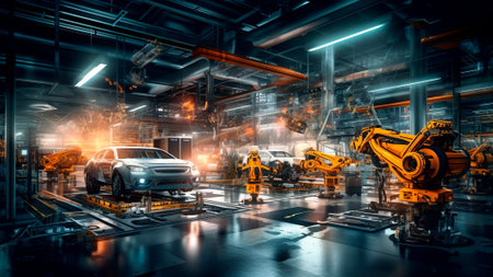 A bustling car factory filled with robotic arms, tirelessly assembling and crafting vehicles with precision and efficiency. Generative AIの素材