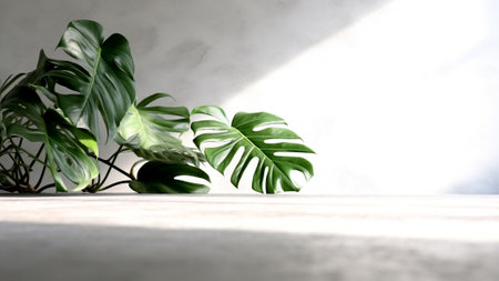 A Monstera Deliciosa plant in a minimalist setting, its vibrant green leaves contrasting against a pristine white background. Generative AIの素材