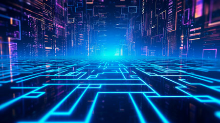 Abstract blue futuristic glowing neon lines, technology room. Geometric and modern big data background design for brochures, flyers, magazine, business card, banner. Generative AIの素材