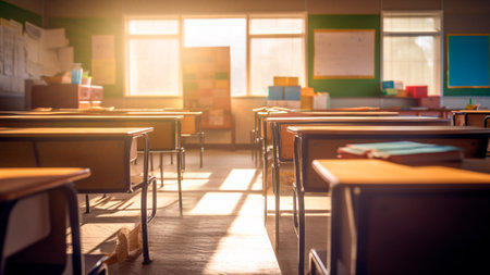 Empty lecture room within a school, illuminated by the soft glow of sunlight, capturing the essence of educational establishments and learning. Generative AIの素材
