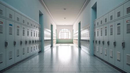 Hallway in an educational establishment housing storage units, the school premises exhibit an absence of human activity, capturing the ambiance of scholastic setting. Generative AIの素材