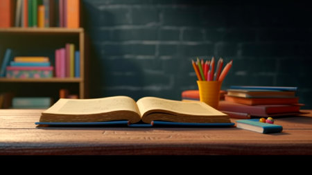 A colorful children's book rests on a desk in an elementary school, embodying the essence of primary education and the excitement of going back to school. Generative AIの素材