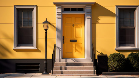 A charming yellow door welcomes visitors to a beautiful home, its vibrant hue radiating warmth and hospitality. Generative AIの素材