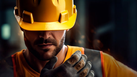 A charming worker in the construction field gears up for the day, carefully placing his helmet and gloves. Despite his attractive appearance, construction industry concerns. Generative AIの素材