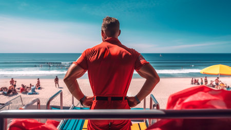 A very strong lifeguard scanning the seascape, watching over the beach on a nice hot day, providing security along the coastline in the summertime. Generative AIの素材