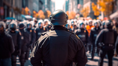 Group of police officers in riot gear managing an aggressive demonstration, security agents wear shielding equipment such as shields, helmets, and ballistic garments. Generative AIの素材