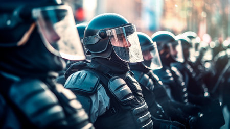 Group of police officers in riot gear managing an aggressive demonstration, security agents wear shielding equipment such as shields, helmets, and ballistic garments. Generative AIの素材