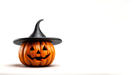 Halloween pumpkin decorated with witch hat, to celebrate the Day of the Dead, over isolated white background with empty copy space for text. Generative AIの素材